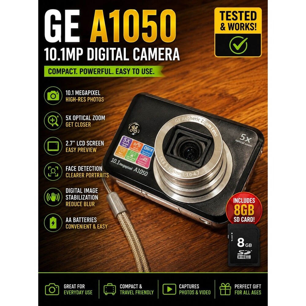 GE A1050 10.1MP Digital Camera 5X Optical Zoom Tested Works READ w/ 8GB SD Card